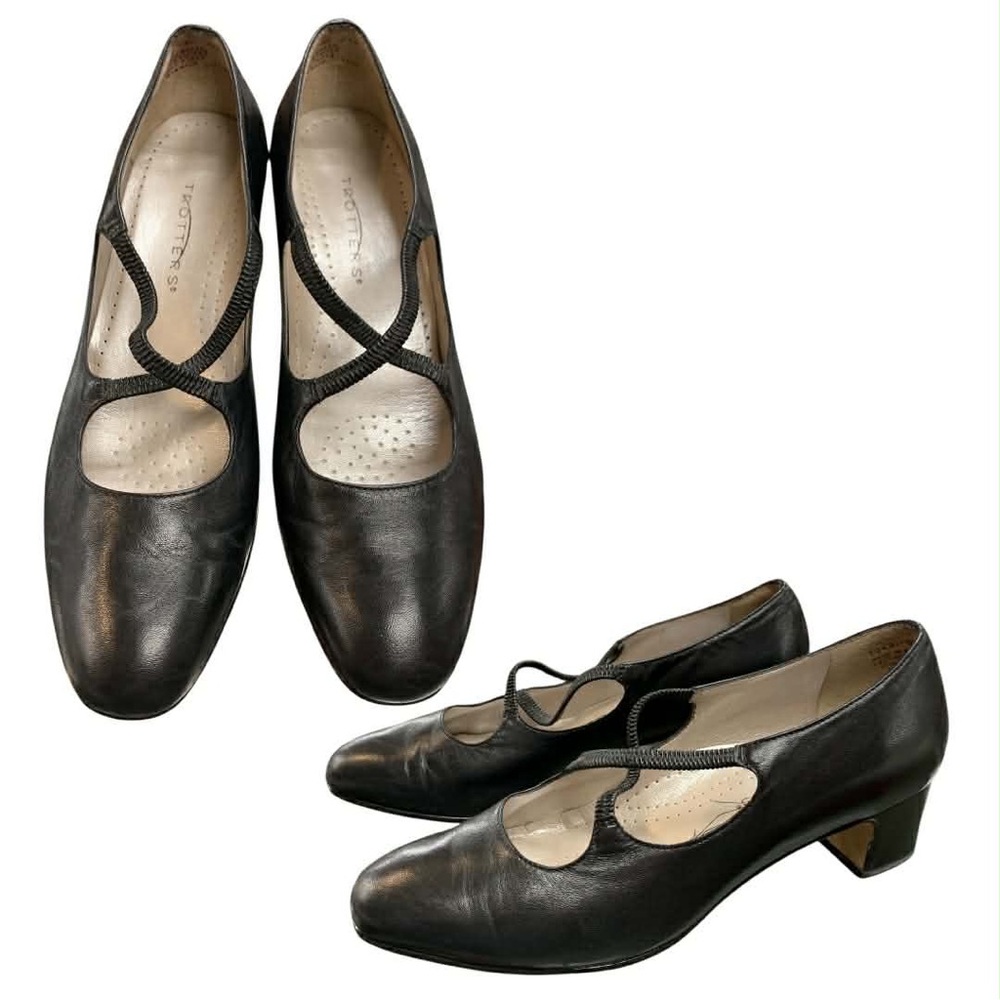 Trotters Black Leather Cross-Strap Low Heel Pumps S6.5